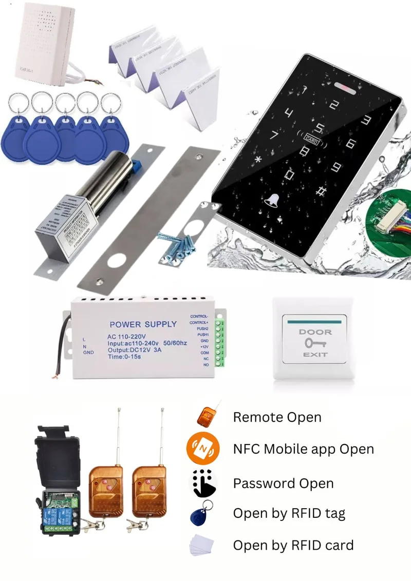 bolt lock waterproof  Kit - Including waterproof  RFID access control , Power Supply , Exit Button , Tag and RFID cards  remote kit- sliding door lock