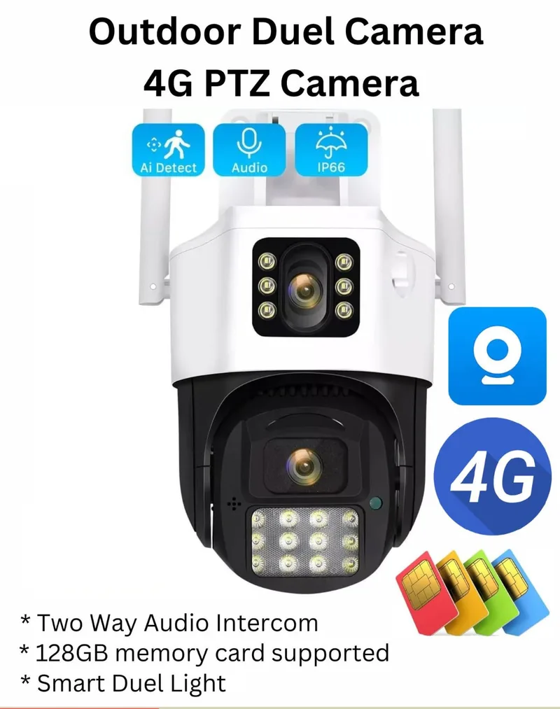 Duel Lens 4G Sim Card PTZ Outdoor CCTV Camera 360 degree rotation