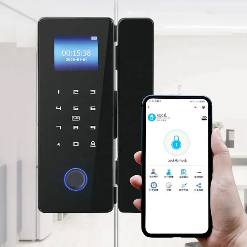 Glass Door Lock - Smart Glass door lock key less wifi wirefree smart door lock WiFi Smart Glass Door Lock, Digital Glass Lock with Wireless Remote,Fingerprint, PIN, IC Card, Mobile App Control,  K618-125mm