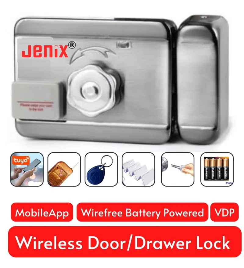 Jenix RFID motorised  wireless wire free (cordless)  door lock , battery powered knob type one side key drum - Tuya App