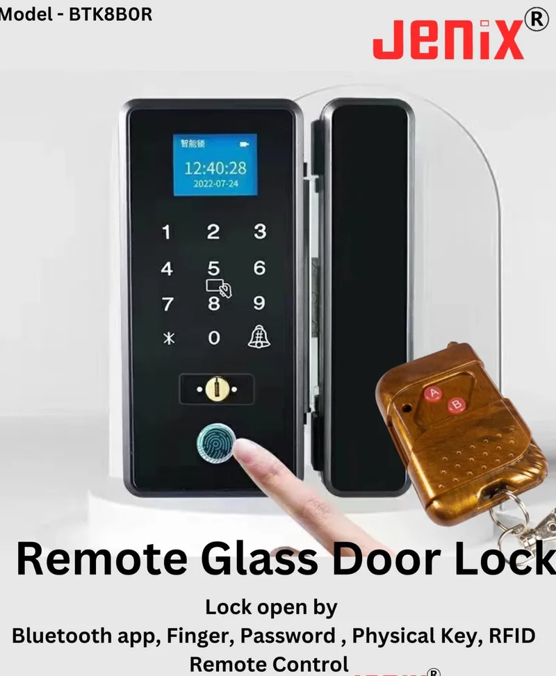 jenix Smart Wireless Glass Door Lock with Remote, Touch Keypad Keyless Electric Security Biometric Fingerprint Password  RFID card Swipe Lock  Doorbell Function for Home Office   JXFGL1 - remote