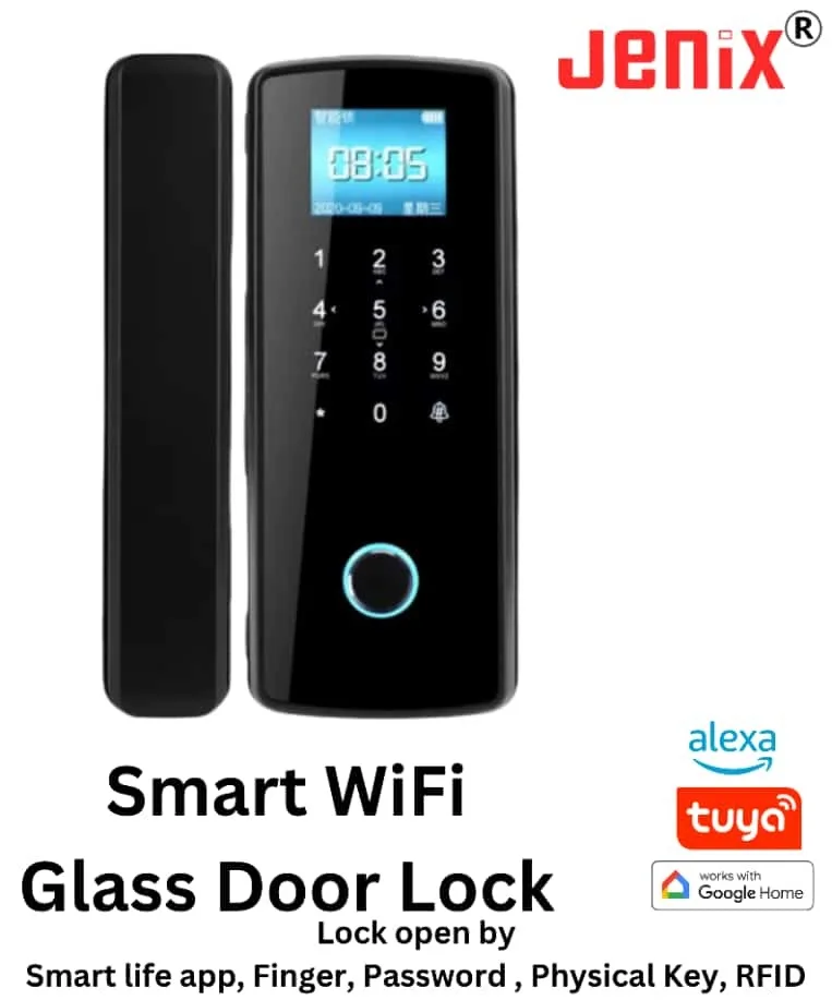 jenix tuya WiFi app Smart Sliding Glass Door Lock, Touch Keypad Keyless Electric Security Biometric Fingerprint Password Remote Control Swipe Lock Attendance Doorbell double glass door - sliding glass door J820 WiFi Tuya WiFi app
