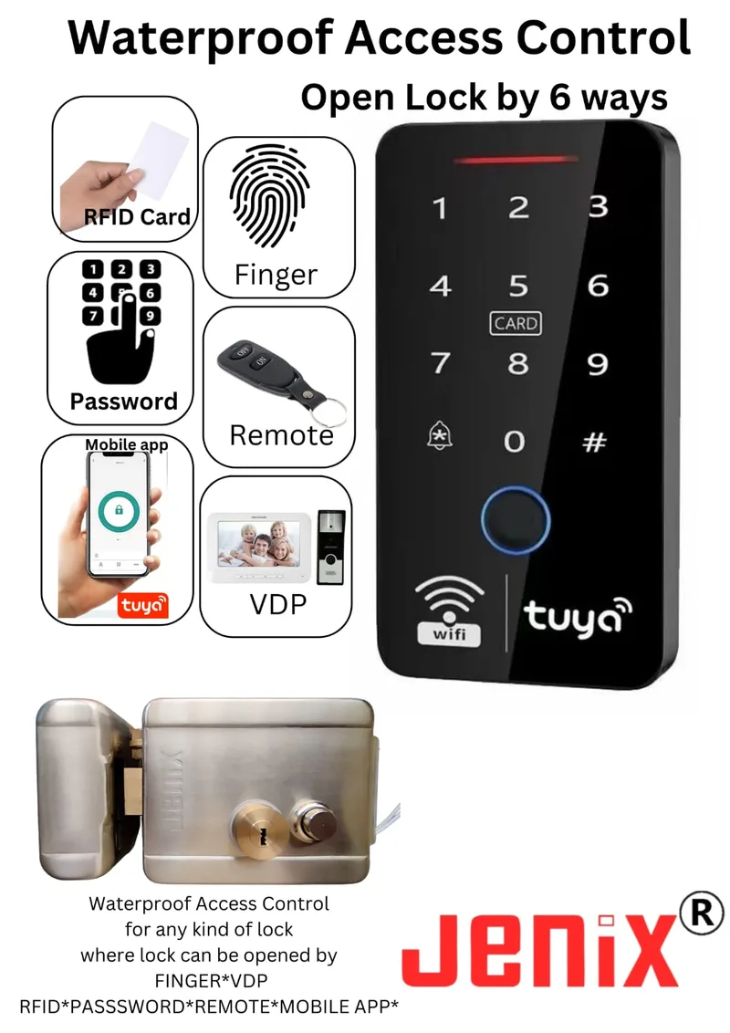 jenix waterproof smart access control kit  including lock and other item lock open by mobile app, remote, password, RFID card and finger