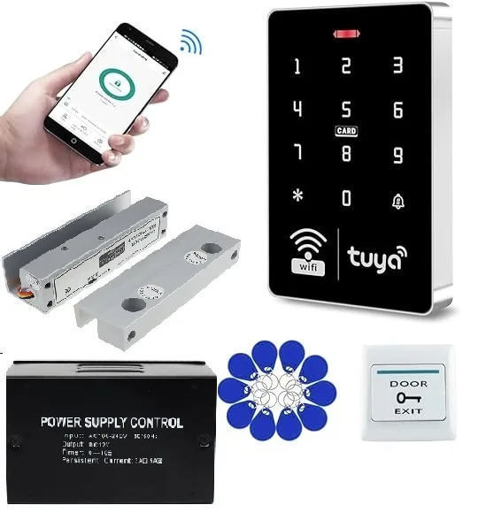 Jenix WiFi Tuya Smart Access Control System Kit RFID Access Controller IP68 Waterproof 13.56MHz Reader + Electric Drop Bolt Lock Full Glass Door, Card, OTP, Phone APP Pasword Unlock - Kit FGL RFID