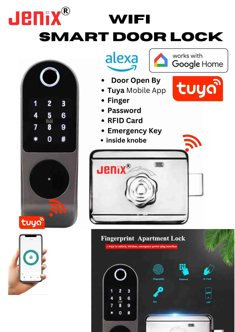 jenix wireless wifi smart door lock mobile app finger print lock K521 Tuya wooden door smart door lock