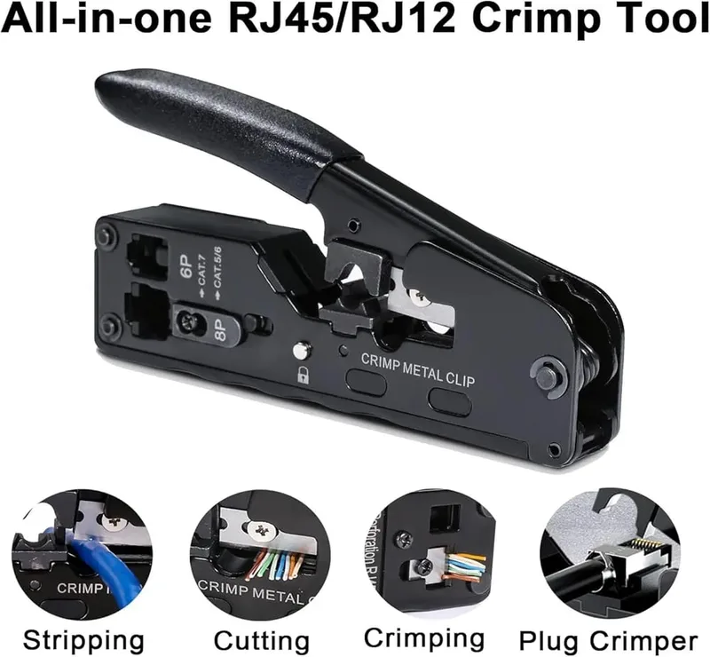 RJ45 Crimping Tool for Cat7 Cat6A Cat6 Cat5E Pass Through and Non-pass-through Connectors HT7088