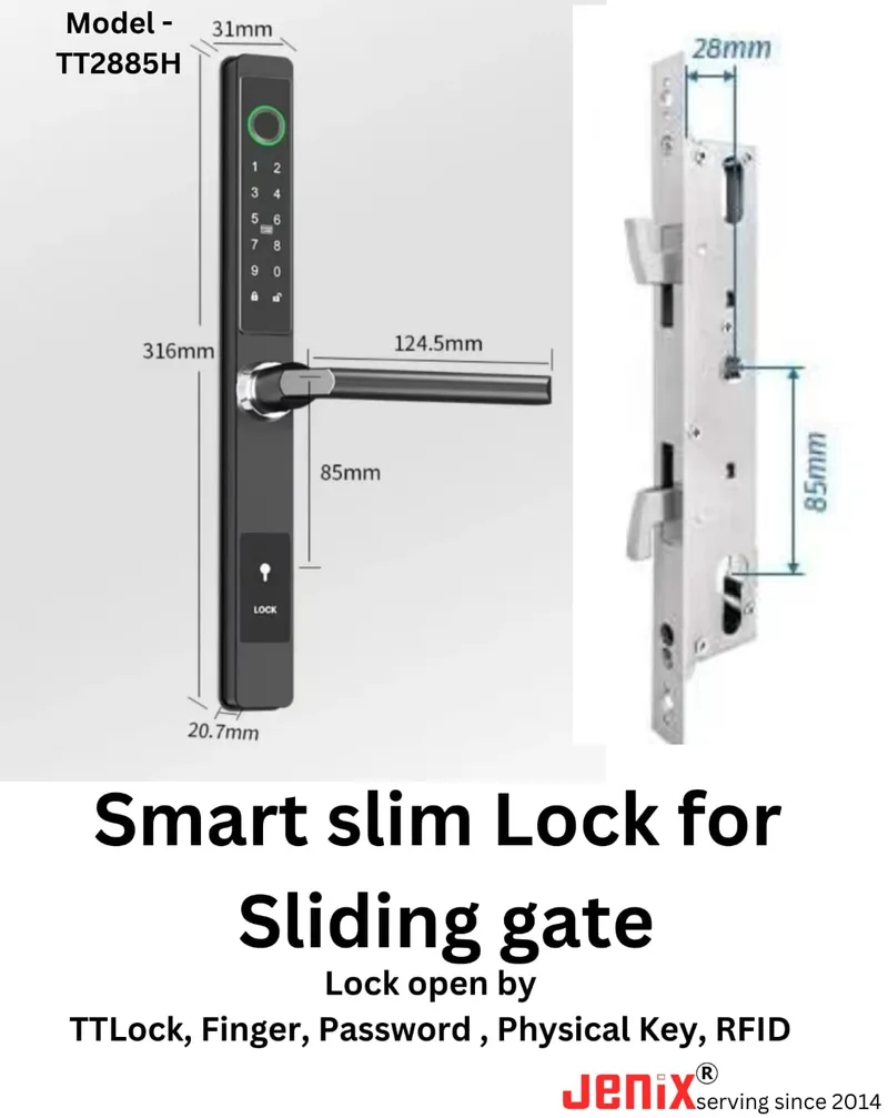 TTlock narrow style Waterproof Smart Door Lock, Digital Door Lock, Fingerprint Lock, Inbuilt Wi-Fi, Card, PIN, Key 2 Years Warranty Black slim door lock