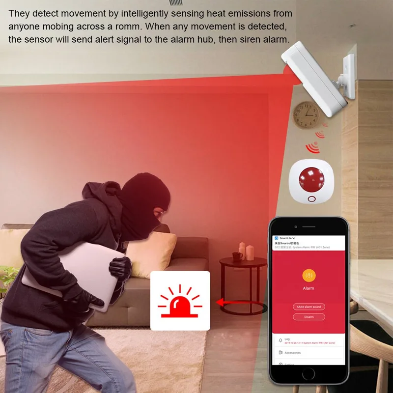 Tuya Indoor  WiFi Smart Motion sensor  Siren 110dB Stroboscopic  TYSTB+PIR