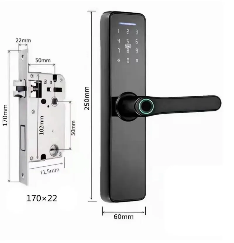 Tuya Smart Life  smart handle wooden door lock  5-Way Unlocking | Fingerprint | Password | RFID Access Card | wifi Mobile app | Mechanical Key | OTP Access | Stainless Steel Mortise | (Black) K802