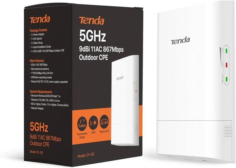Tenda O1-5G 5.8GHz 867Mbps Outdoor Wireless Bridge, Point to Point Wi-Fi Bridge, 1KM Long Distance, Outdoor CPE with 9dBi Antenna, PTP/PTMP, IP65 Waterproof Enclosure
