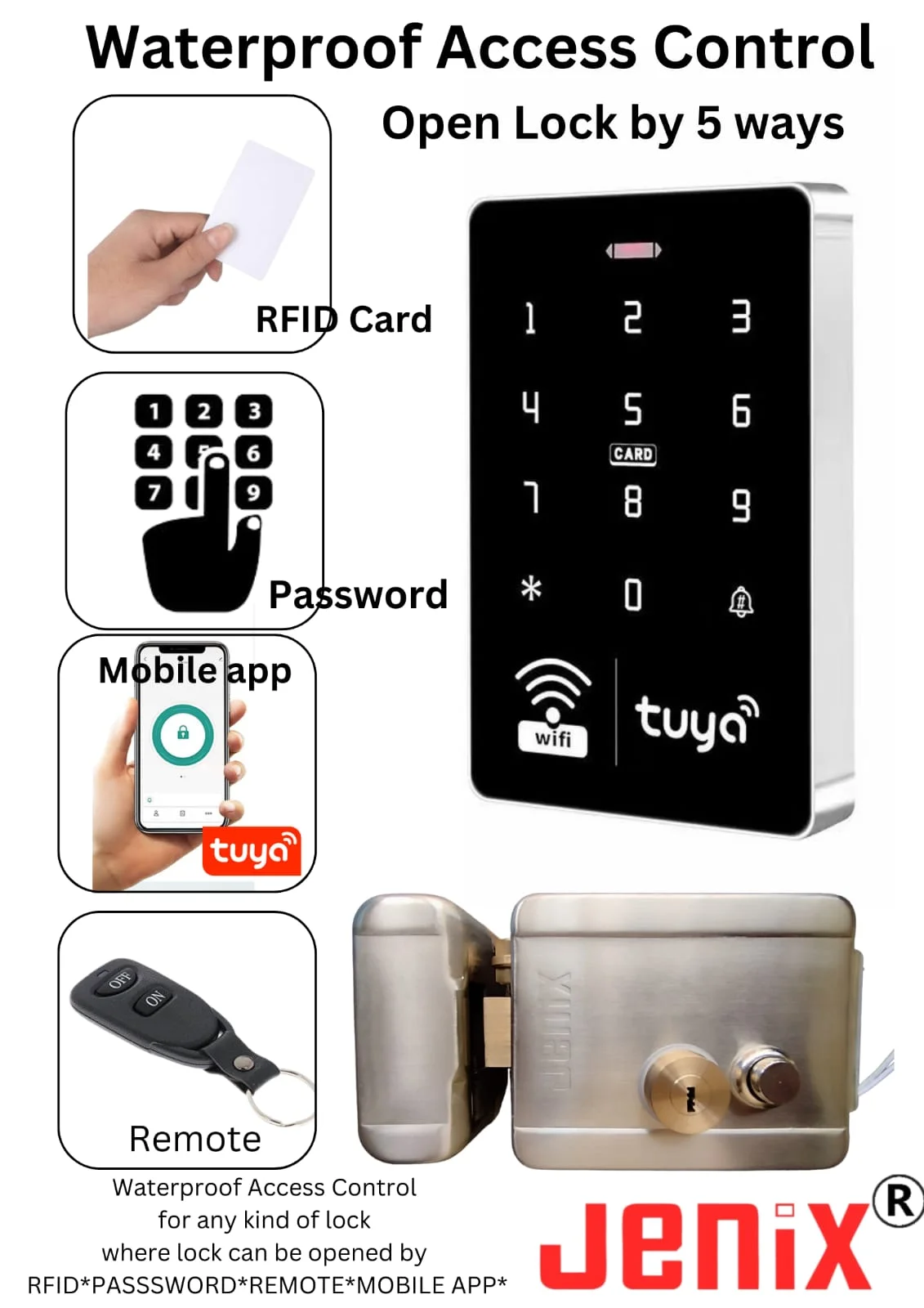 jenix waterproof smart access control kit  including lock and other item lock open by mobile app, remote, password, RFID card