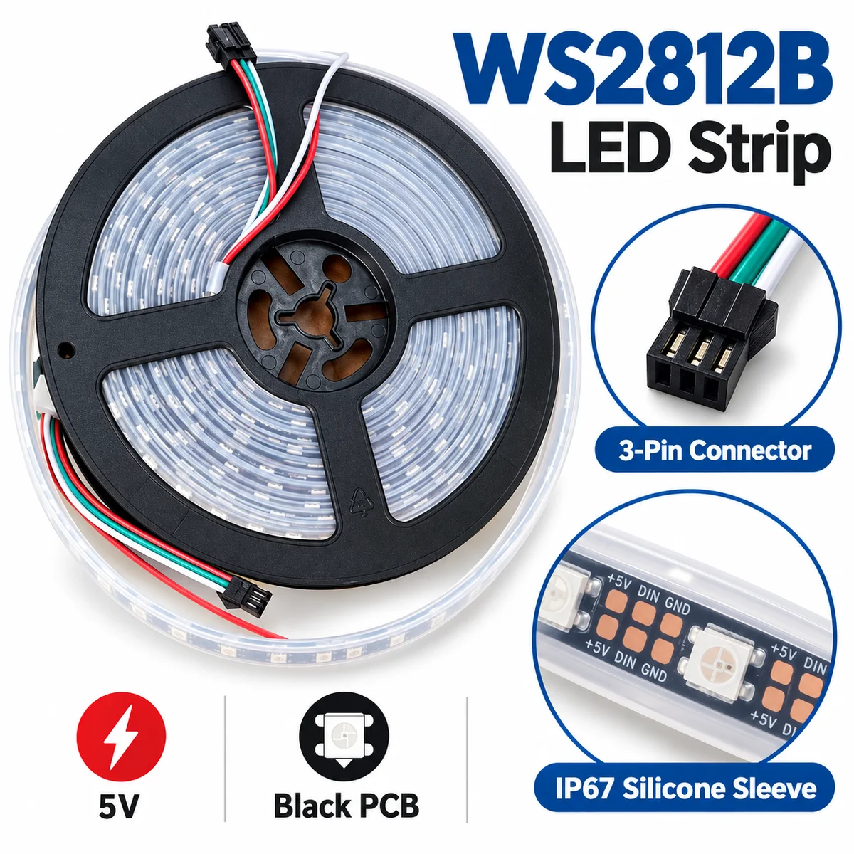 WS2812B Addressable RGB LED Strip 5V, 60 LED/Meter, 5M Roll, IP67 Waterproof Silicone Sleeve, Individually Programmable 16.8 Million Colors
