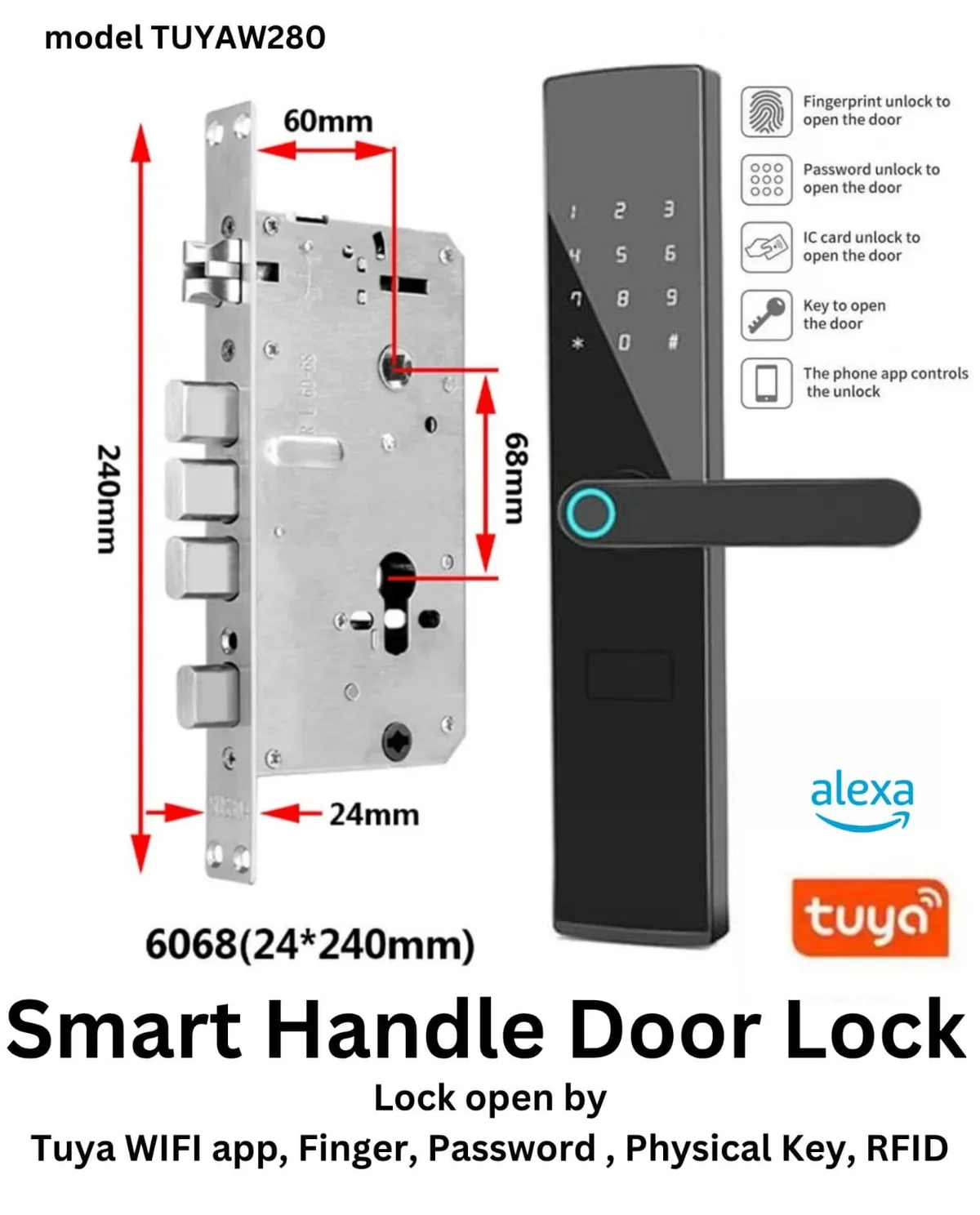 Tuya Smart Life  smart handle wooden door lock  5-Way Unlocking | Fingerprint | Password | RFID Access Card | wifi Mobile app | Mechanical Key | OTP Access | Stainless Steel Mortise | (Black)  H140TYW