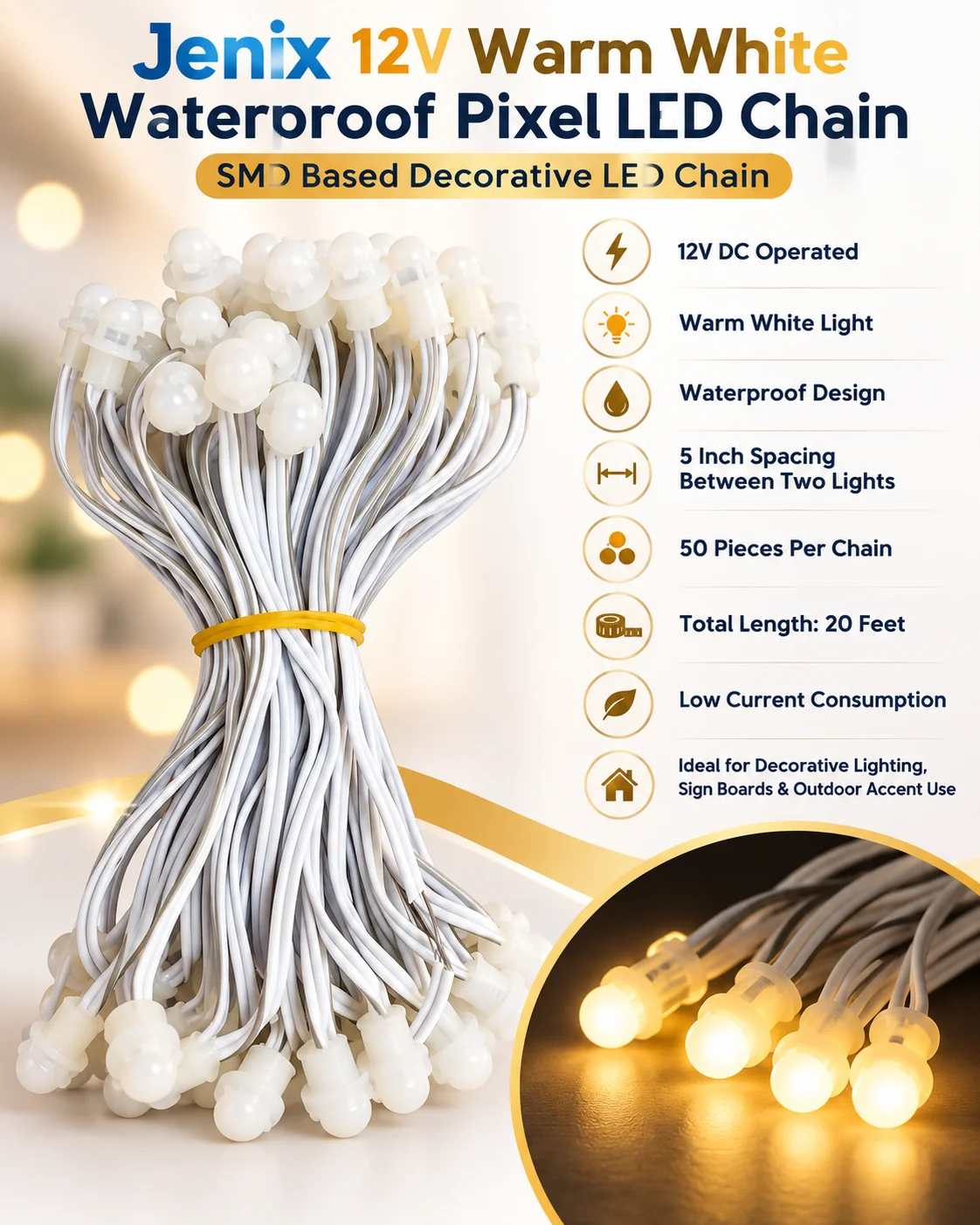 MST HD-06 12V Warm White Waterproof LED Pixel Light Chain | 50 LED SMD Modules | 5 Inch Spacing
