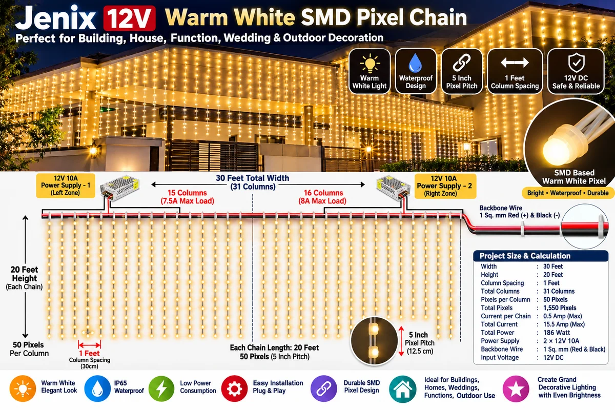 JX20Fx30F Jenix Pixel SMD LED Toran 20ft Height × 30ft Width | 12V Warm White Waterproof Decorative