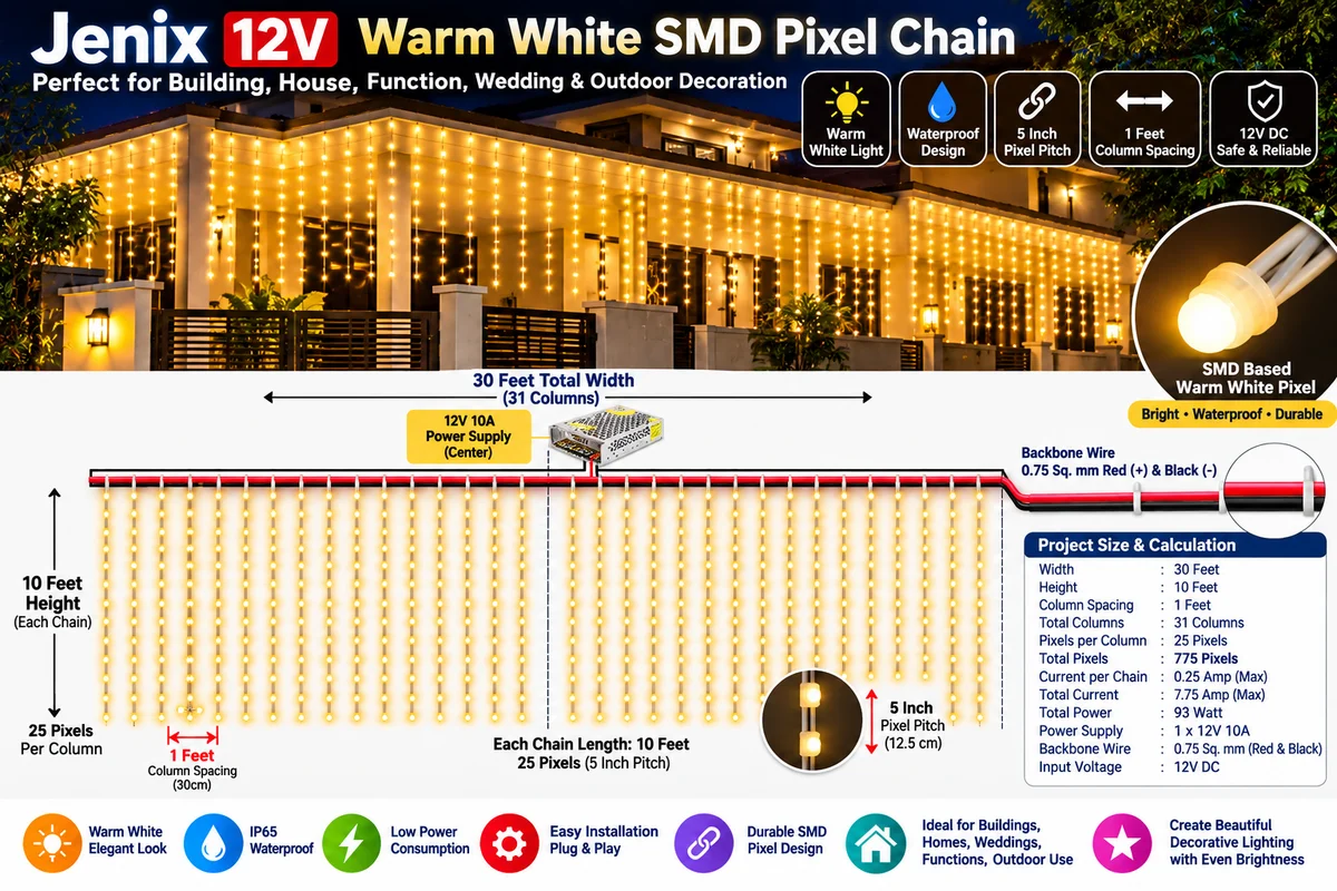 JX10Fx30F Jenix Pixel SMD LED Toran 10ft Height × 30ft Width | 12V Warm White Waterproof Decorative